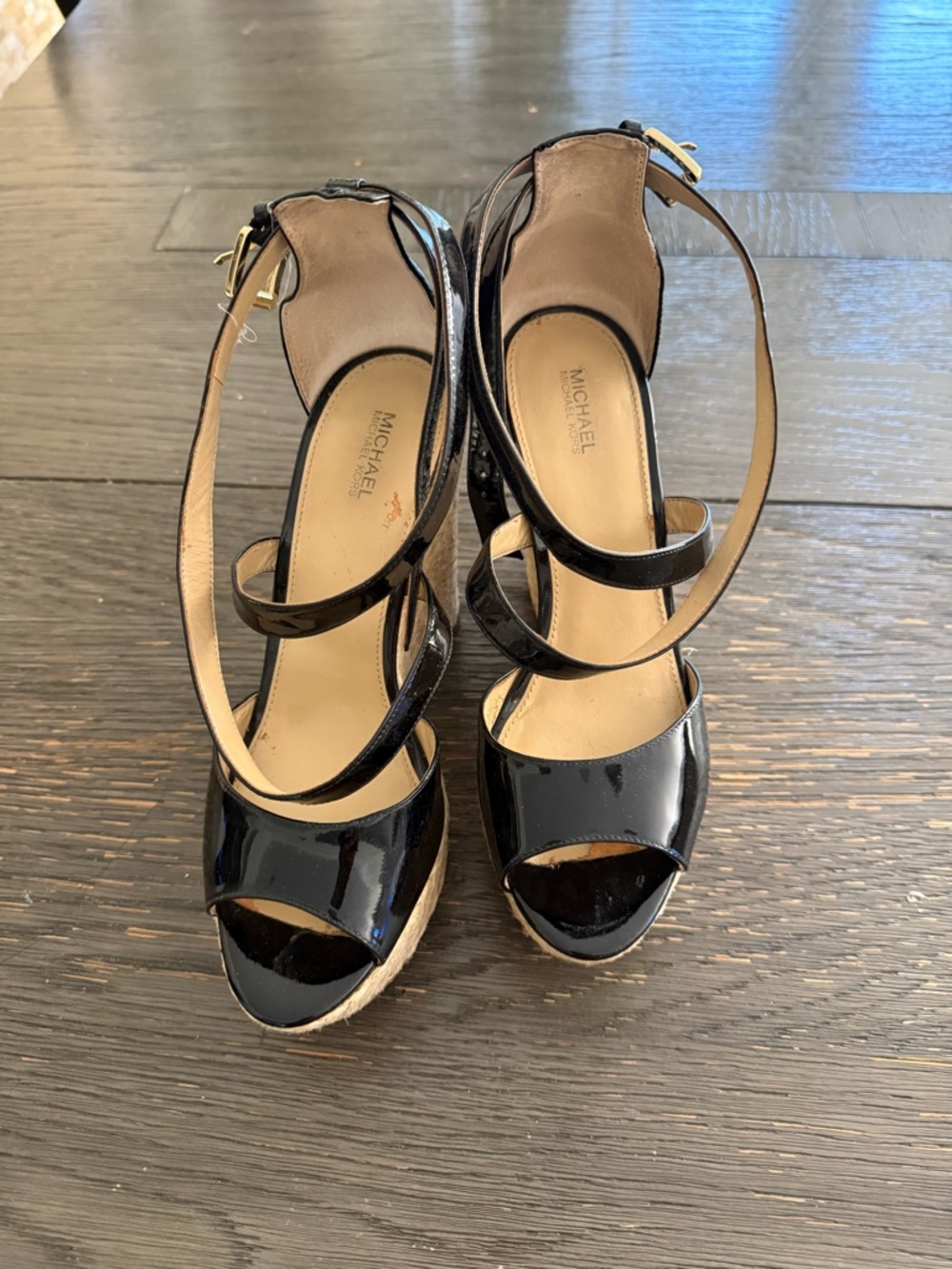 Michael Kors Black Patent Leather Strappy Wedge Sandals with Ankle Buckle